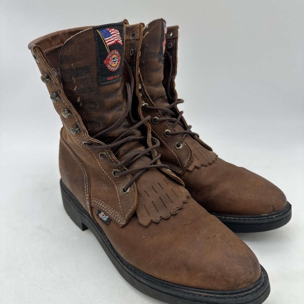Justin Original Work boots Mens Sz 10 D Livestock Lace Up Brown steel toe EUC - Picture 2 of 3